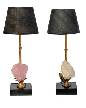Pair of lamps with pink and white quartz, with a black marble base and a bronze structure. Year 1960