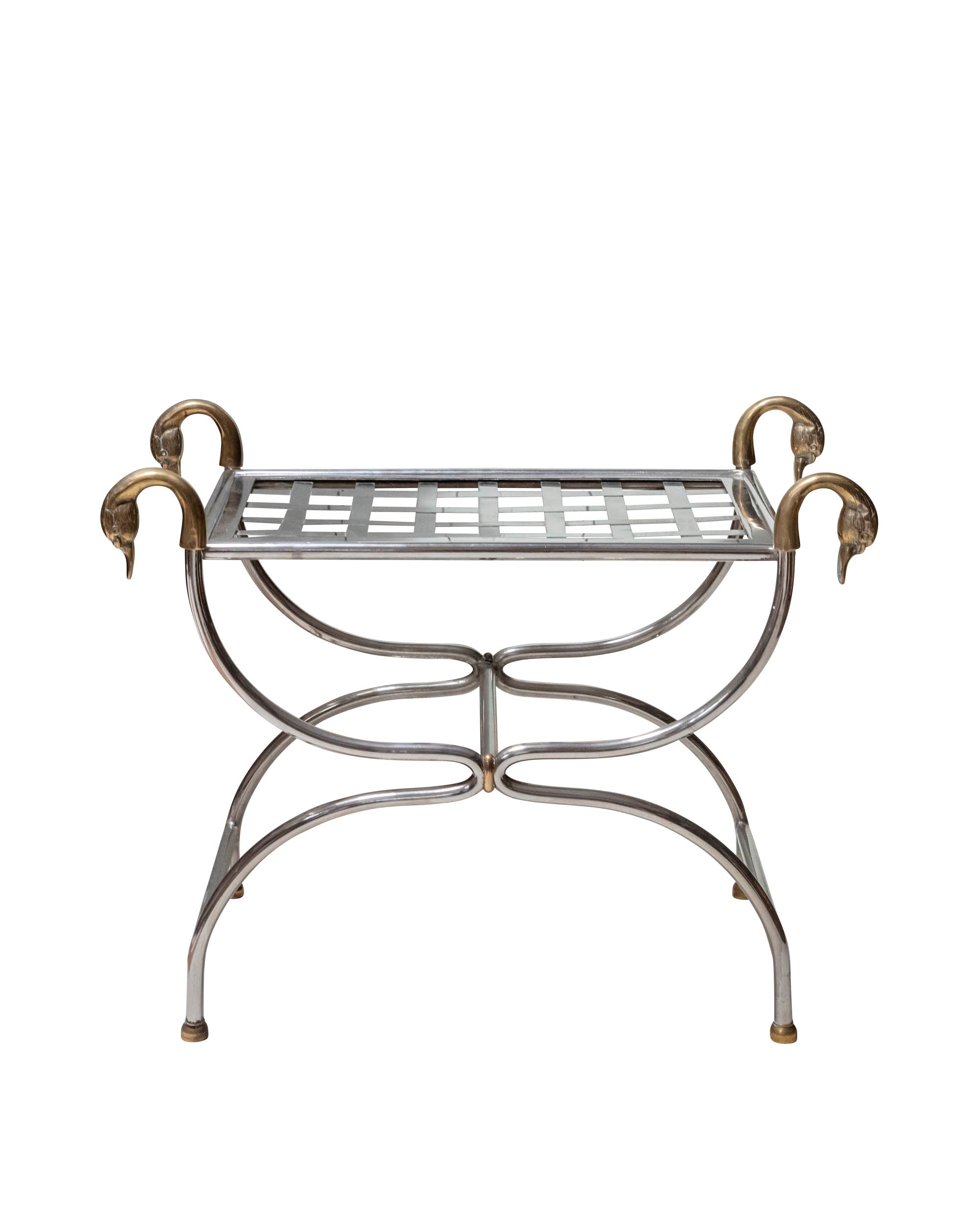 Table d'appoint "Lygne" avec structure en fer, cygnes sculptés en bronze et plateau en métal tressé