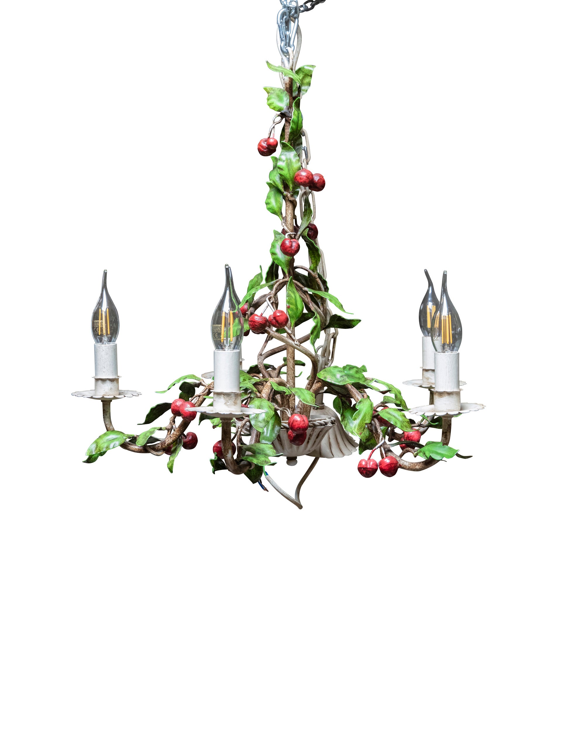 "Cerisse" chandelier made of polychrome metal shaped as a cherries’ bouquet with five light holders. 1970