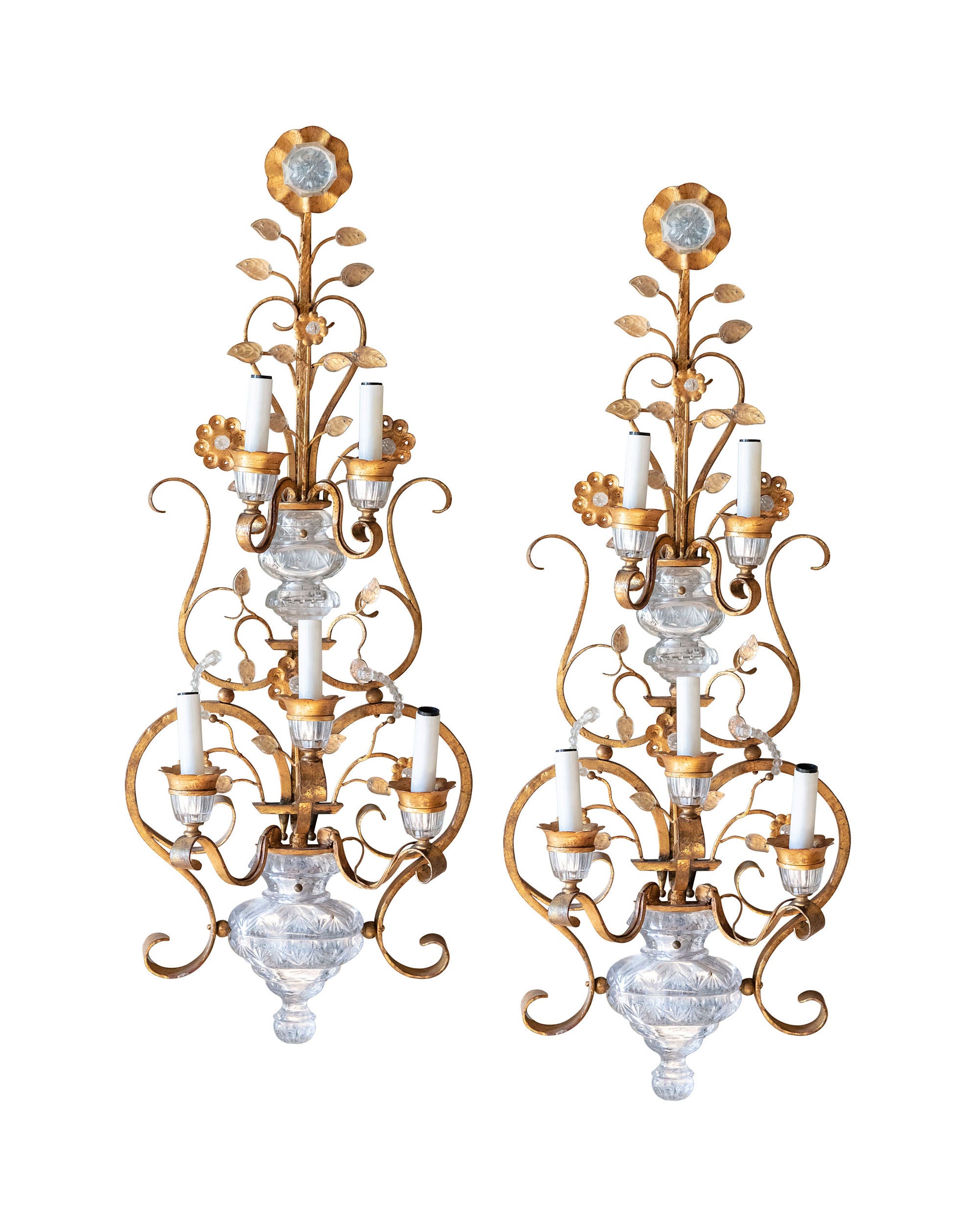 Pair of golden metal wall lights with crystals and five light holders