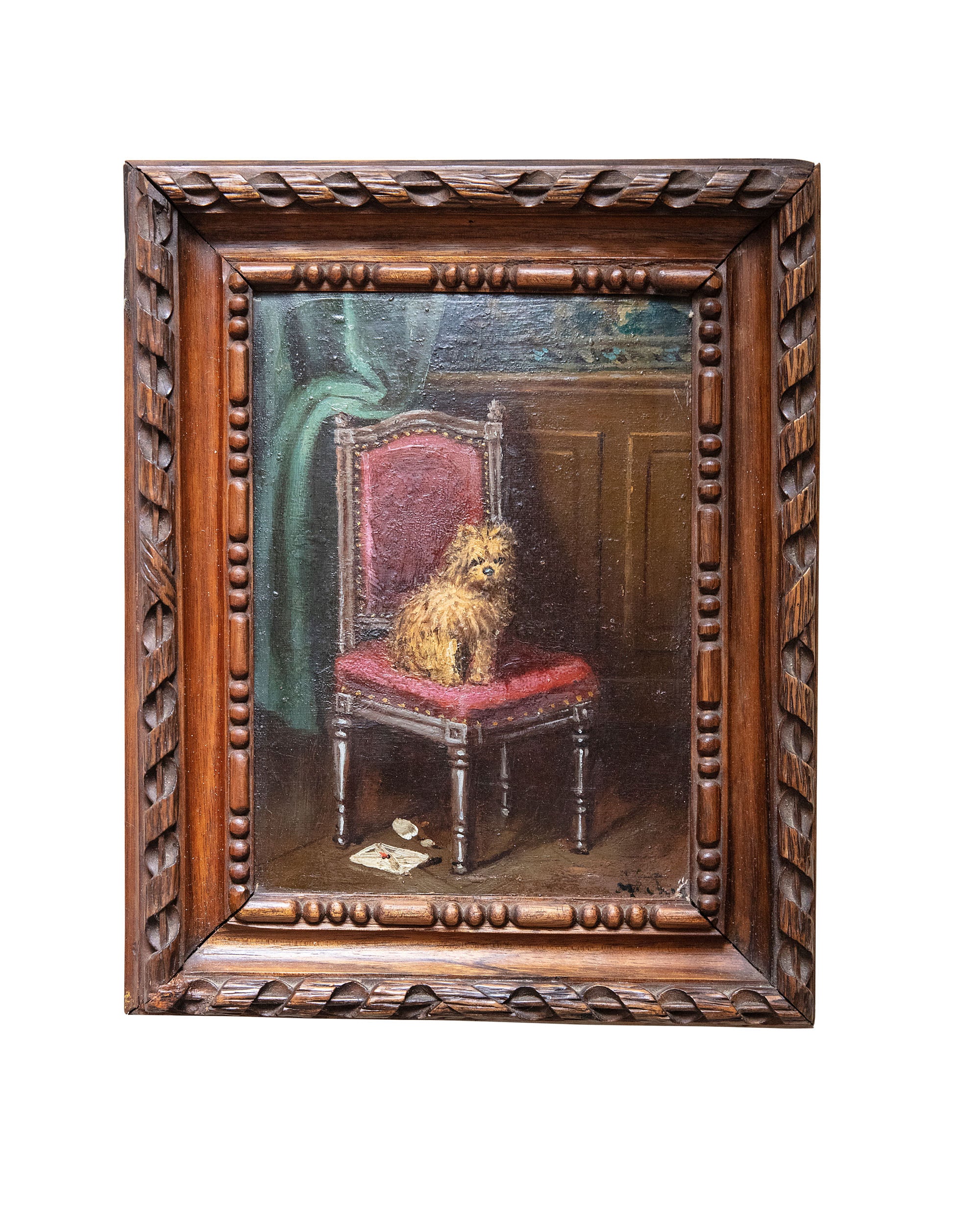 Peinture à l'huile sur carton "Chien sur une chaise" avec cadre en bois sculpté à la main. XIXème siècle