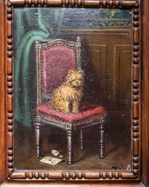 Pintura al óleo sobre cartón "Chien sur une chaise" con marco de madera tallada a mano. Siglo XIX