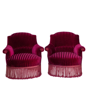 Pair of Napoleon III armchairs upholstered in maroon velvet with fringed trimmings