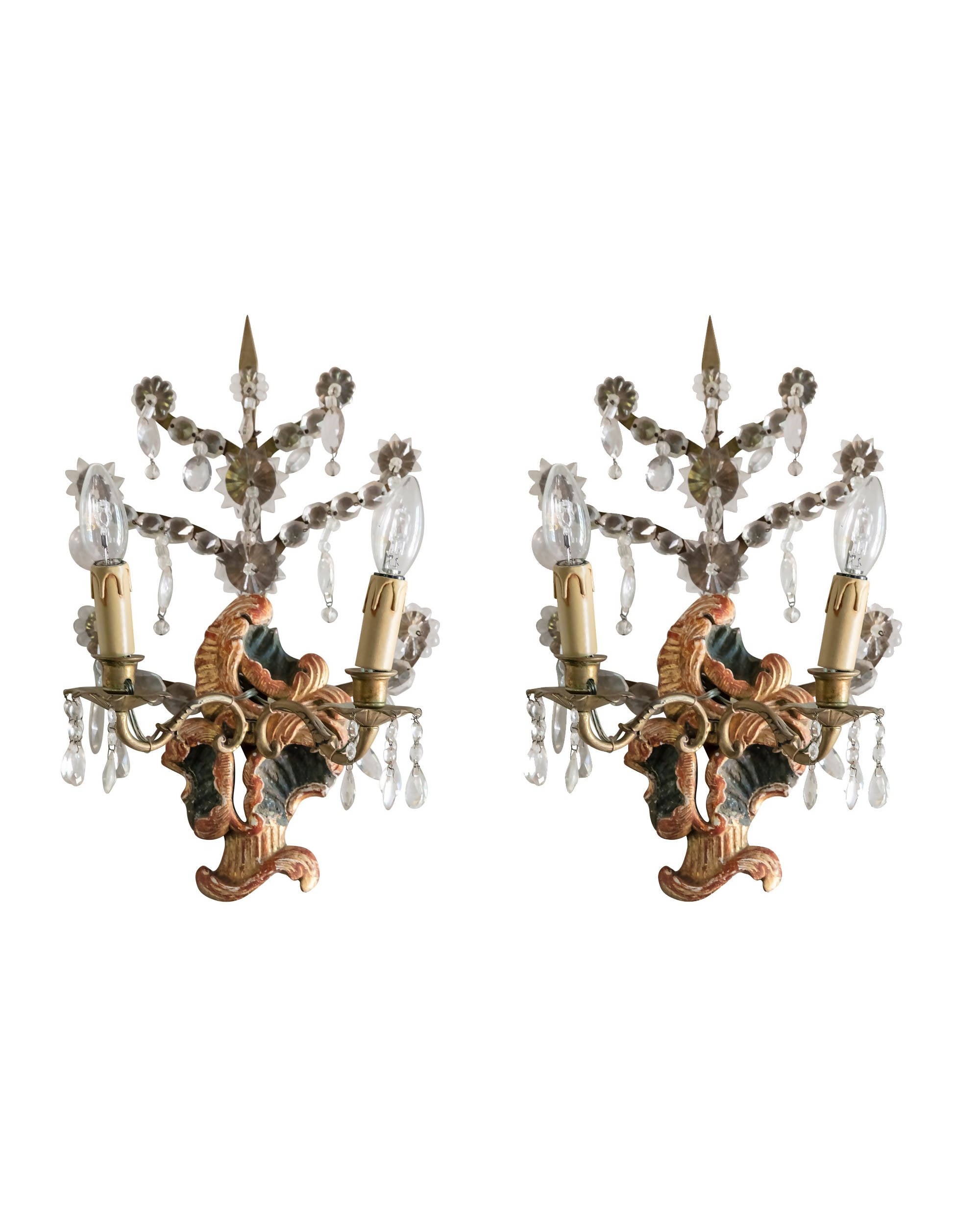 Pair of sconces in polychrome wood and crystals. Italy. XVIIIth century